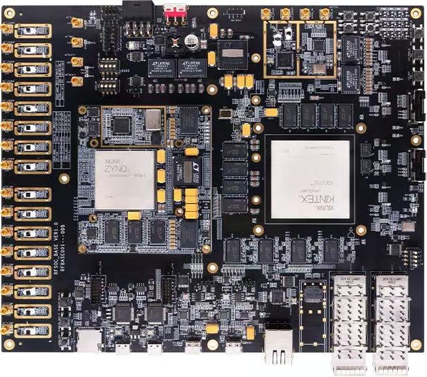 The real RFSoC development board: the Zynq UltraScale+ RFSoC module at center-left, the Kintex UltraScale FPGA at center-right, the radio SMA connectors down the left edge, and eight 10G serial links at the SFP cages lower-right