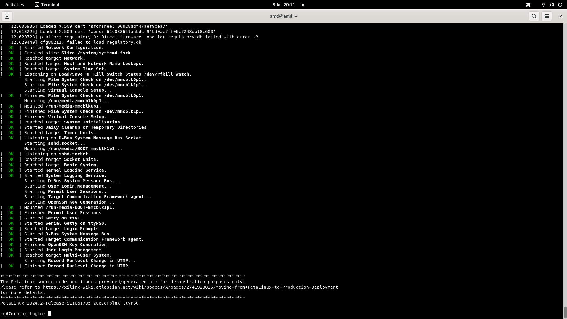 The boot log running all the way to the Linux login prompt on the board's serial console